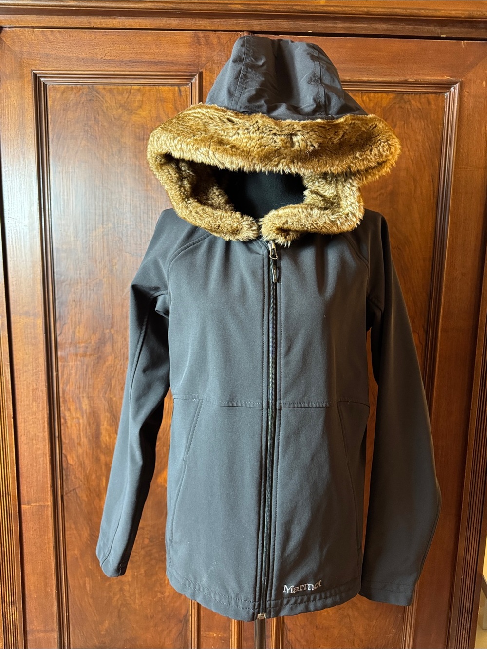 Marmot Black Hooded water Repellent Jacket with Brown Faux Fur Trim